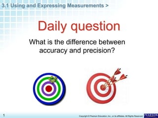 3.1 Using and Expressing Measurements >
1
Daily question
What is the difference between
accuracy and precision?
Copyright © Pearson Education, Inc., or its affiliates. All Rights Reserved.
 