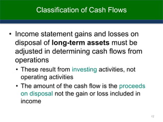 Classification of Cash Flows
• Income statement gains and losses on
disposal of long-term assets must be
adjusted in determining cash flows from
operations
• These result from investing activities, not
operating activities
• The amount of the cash flow is the proceeds
on disposal not the gain or loss included in
income
12
 