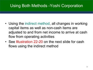 Using Both Methods -Yoshi Corporation
• Using the indirect method, all changes in working
capital items as well as non-cash items are
adjusted to and from net income to arrive at cash
flow from operating activities
• See Illustration 22-20 on the next slide for cash
flows using the indirect method
36
 