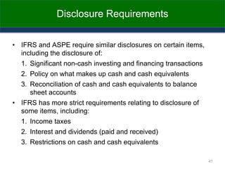 Disclosure Requirements
• IFRS and ASPE require similar disclosures on certain items,
including the disclosure of:
1. Significant non-cash investing and financing transactions
2. Policy on what makes up cash and cash equivalents
3. Reconciliation of cash and cash equivalents to balance
sheet accounts
• IFRS has more strict requirements relating to disclosure of
some items, including:
1. Income taxes
2. Interest and dividends (paid and received)
3. Restrictions on cash and cash equivalents
41
 