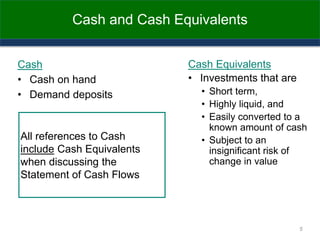 Cash and Cash Equivalents
Cash
• Cash on hand
• Demand deposits
Cash Equivalents
• Investments that are
• Short term,
• Highly liquid, and
• Easily converted to a
known amount of cash
• Subject to an
insignificant risk of
change in value
All references to Cash
include Cash Equivalents
when discussing the
Statement of Cash Flows
5
 