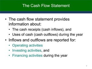 The Cash Flow Statement
• The cash flow statement provides
information about:
• The cash receipts (cash inflows), and
• Uses of cash (cash outflows) during the year
• Inflows and outflows are reported for:
• Operating activities
• Investing activities, and
• Financing activities during the year
6
 