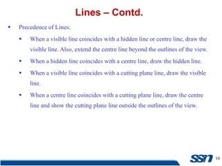 10
 Precedence of Lines:
 When a visible line coincides with a hidden line or centre line, draw the
visible line. Also, extend the centre line beyond the outlines of the view.
 When a hidden line coincides with a centre line, draw the hidden line.
 When a visible line coincides with a cutting plane line, draw the visible
line.
 When a centre line coincides with a cutting plane line, draw the centre
line and show the cutting plane line outside the outlines of the view.
Lines – Contd.
 