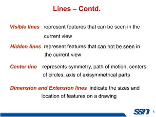 8
Lines – Contd.
Visible lines represent features that can be seen in the
current view
Hidden lines represent features that can not be seen in
the current view
Center line represents symmetry, path of motion, centers
of circles, axis of axisymmetrical parts
Dimension and Extension lines indicate the sizes and
location of features on a drawing
 