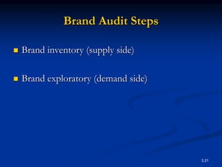 3.21
Brand Audit Steps
 Brand inventory (supply side)
 Brand exploratory (demand side)
 