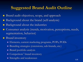 3.25
Suggested Brand Audit Outline
 Brand audit objectives, scope, and approach
 Background about the brand (self-analysis)
 Background about the industries
 Consumer analysis (trends, motivation, perceptions, needs,
segmentation, behavior)
 Brand inventory
 Elements, current marketing programs, POPs, PODs
 Branding strategies (extensions, sub-brands, etc.)
 Brand portfolio analysis
 Competitors’ brand inventory
 Strengths and weaknesses
 