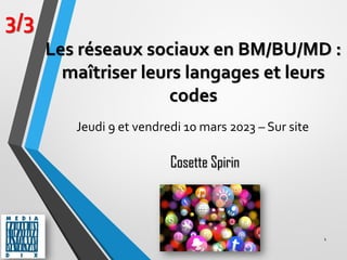 1
3/3
Cosette Spirin
Les réseaux sociaux en BM/BU/MD :
maîtriser leurs langages et leurs
codes
Jeudi 9 et vendredi 10 mars 2023 – Sur site
 