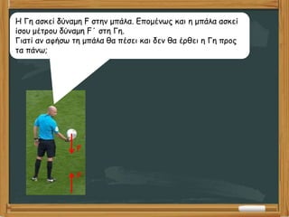 F
F΄
Η Γη ασκεί δύναμη F στην μπάλα. Επομένως και η μπάλα ασκεί
ίσου μέτρου δύναμη F΄ στη Γη.
Γιατί αν αφήσω τη μπάλα θα πέσει και δεν θα έρθει η Γη προς
τα πάνω;
 