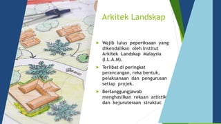 Arkitek Landskap
Wajib lulus peperiksaan yang
dikendalikan oleh Institut
Arkitek Landskap Malaysia
(I.L.A.M).
T
erlibat di peringkat
perancangan, reka bentuk,
pelaksanaan dan pengurusan
setiap projek.
Bertanggungjawab
menghasilkan rekaan artistik
dan kejuruteraan struktur
.



 