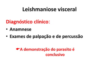 Leishmaniose visceral
Diagnóstico clínico:
• Anamnese
• Exames de palpação e de percussão
A demonstração do parasito é
conclusivo
 