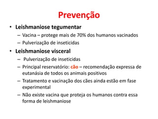 Prevenção
• Leishmaniose tegumentar
– Vacina – protege mais de 70% dos humanos vacinados
– Pulverização de inseticidas
• Leishmaniose visceral
– Pulverização de inseticidas
– Principal reservatório: cão – recomendação expressa de
eutanásia de todos os animais positivos
– Tratamento e vacinação dos cães ainda estão em fase
experimental
– Não existe vacina que proteja os humanos contra essa
forma de leishmaniose
 