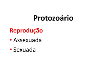 Protozoário
Reprodução
• Assexuada
• Sexuada
 