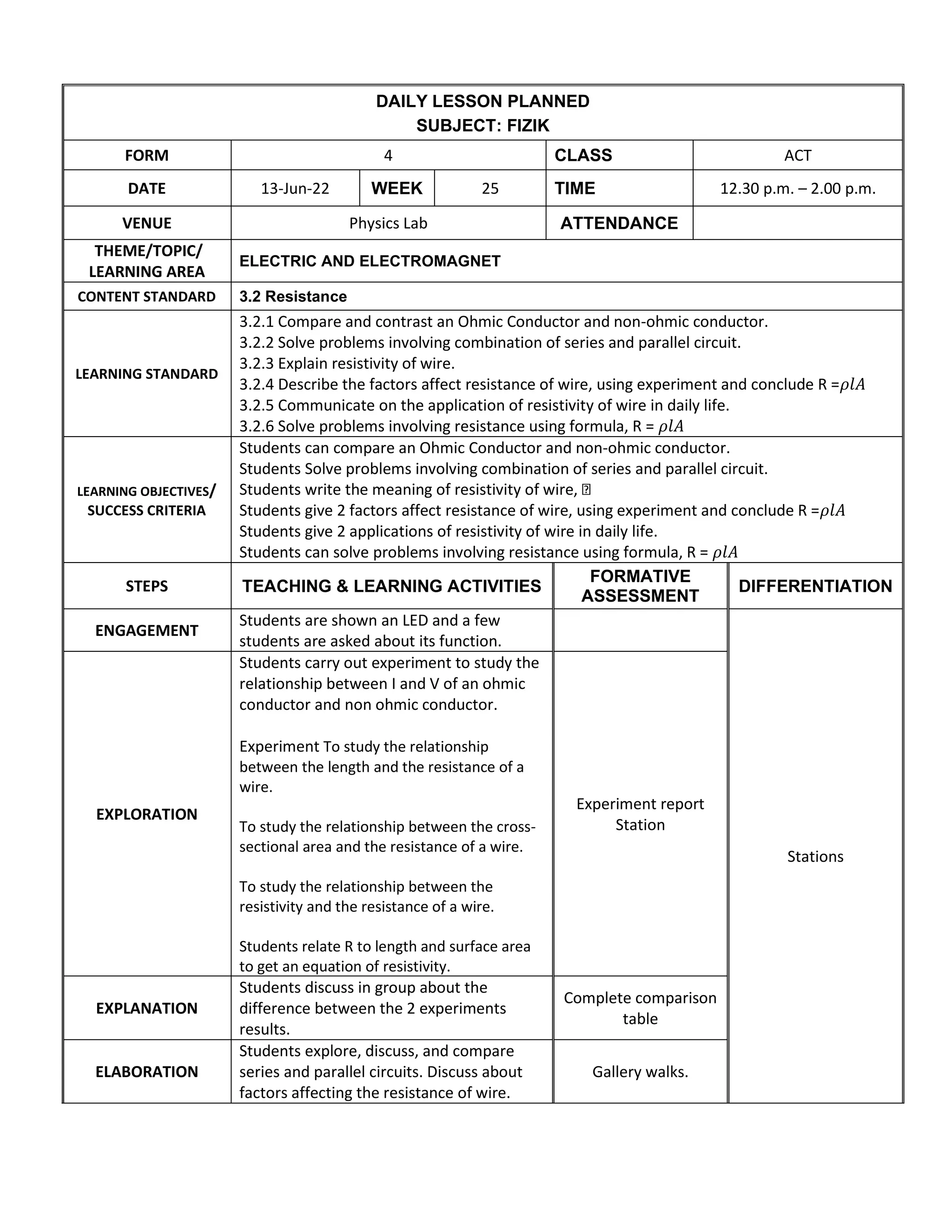 DAILY LESSON PLANNED
SUBJECT: FIZIK
FORM 4 CLASS ACT
DATE 13-Jun-22 WEEK 25 TIME 12.30 p.m. – 2.00 p.m.
VENUE Physics Lab ATTENDANCE
THEME/TOPIC/
LEARNING AREA
ELECTRIC AND ELECTROMAGNET
CONTENT STANDARD 3.2 Resistance
LEARNING STANDARD
3.2.1 Compare and contrast an Ohmic Conductor and non-ohmic conductor.
3.2.2 Solve problems involving combination of series and parallel circuit.
3.2.3 Explain resistivity of wire.
3.2.4 Describe the factors affect resistance of wire, using experiment and conclude R =𝜌𝑙𝐴
3.2.5 Communicate on the application of resistivity of wire in daily life.
3.2.6 Solve problems involving resistance using formula, R = 𝜌𝑙𝐴
LEARNING OBJECTIVES/
SUCCESS CRITERIA
Students can compare an Ohmic Conductor and non-ohmic conductor.
Students Solve problems involving combination of series and parallel circuit.
Students write the meaning of resistivity of wire,
Students give 2 factors affect resistance of wire, using experiment and conclude R =𝜌𝑙𝐴
Students give 2 applications of resistivity of wire in daily life.
Students can solve problems involving resistance using formula, R = 𝜌𝑙𝐴
STEPS TEACHING & LEARNING ACTIVITIES
FORMATIVE
ASSESSMENT
DIFFERENTIATION
ENGAGEMENT
Students are shown an LED and a few
students are asked about its function.
Stations
EXPLORATION
Students carry out experiment to study the
relationship between I and V of an ohmic
conductor and non ohmic conductor.
Experiment To study the relationship
between the length and the resistance of a
wire.
To study the relationship between the cross-
sectional area and the resistance of a wire.
To study the relationship between the
resistivity and the resistance of a wire.
Students relate R to length and surface area
to get an equation of resistivity.
Experiment report
Station
EXPLANATION
Students discuss in group about the
difference between the 2 experiments
results.
Complete comparison
table
ELABORATION
Students explore, discuss, and compare
series and parallel circuits. Discuss about
factors affecting the resistance of wire.
Gallery walks.
 