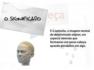 cabeça
c a b
e ç
a
É o conceito, a imagem mental
de determinado objeto; um
aspecto abstrato que
formamos em nossa cabeça
quando pensamos em algo.
 