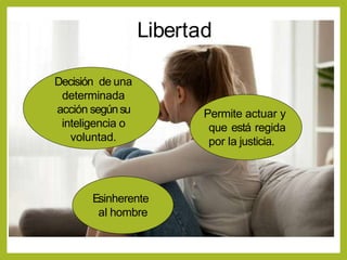 Decisión de una
determinada
acción segúnsu
inteligencia o
voluntad.
Permite actuar y
que está regida
por la justicia.
Libertad
Esinherente
al hombre
 