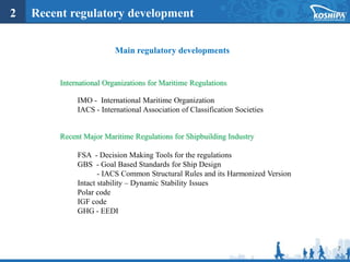 7
Main regulatory developments
2 Recent regulatory development
International Organizations for Maritime Regulations
IMO - International Maritime Organization
IACS - International Association of Classification Societies
Recent Major Maritime Regulations for Shipbuilding Industry
FSA - Decision Making Tools for the regulations
GBS - Goal Based Standards for Ship Design
- IACS Common Structural Rules and its Harmonized Version
Intact stability – Dynamic Stability Issues
Polar code
IGF code
GHG - EEDI
 