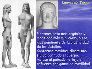 Planteamiento más orgánico y
modelado más minucioso, o sea,
más pendiente de la plasticidad
de los detalles.
Contornos movidos, dinamismo
fluido por todo el cuerpo…,
incluso el peinado refleja el
esfuerzo por ganar en movilidad.
Kouros de Tenea
 