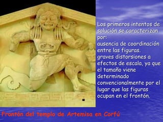 Frontón del templo de Artemisa en Corfú
Los primeros intentos de
solución se caracterizan
por:
ausencia de coordinación
entre las figuras.
graves distorsiones a
efectos de escala, ya que
el tamaño viene
determinado
convencionalmente por el
lugar que las figuras
ocupan en el frontón.
 