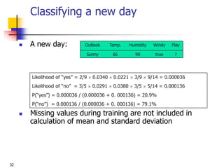 32
Classifying a new day
 A new day:
 Missing values during training are not included in
calculation of mean and standard deviation
Outlook Temp. Humidity Windy Play
Sunny 66 90 true ?
Likelihood of “yes” = 2/9  0.0340  0.0221  3/9  9/14 = 0.000036
Likelihood of “no” = 3/5  0.0291  0.0380  3/5  5/14 = 0.000136
P(“yes”) = 0.000036 / (0.000036 + 0. 000136) = 20.9%
P(“no”) = 0.000136 / (0.000036 + 0. 000136) = 79.1%
 