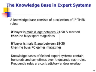 48
The Knowledge Base in Expert Systems
A knowledge base consists of a collection of IF-THEN
rules:
if buyer is male & age between 24-50 & married
then he buys sport magazines
if buyer is male & age between 18-30
then he buys PC games magazines
Knowledge bases of fielded expert systems contain
hundreds and sometimes even thousands such rules.
Frequently rules are contradictory and/or overlap
 