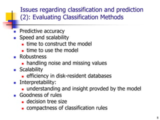 8
Issues regarding classification and prediction
(2): Evaluating Classification Methods
 Predictive accuracy
 Speed and scalability
 time to construct the model
 time to use the model
 Robustness
 handling noise and missing values
 Scalability
 efficiency in disk-resident databases
 Interpretability:
 understanding and insight provded by the model
 Goodness of rules
 decision tree size
 compactness of classification rules
 