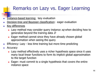 90
Remarks on Lazy vs. Eager Learning
 Instance-based learning: lazy evaluation
 Decision-tree and Bayesian classification: eager evaluation
 Key differences
 Lazy method may consider query instance xq when deciding how to
generalize beyond the training data D
 Eager method cannot since they have already chosen global
approximation when seeing the query
 Efficiency: Lazy - less time training but more time predicting
 Accuracy
 Lazy method effectively uses a richer hypothesis space since it uses
many local linear functions to form its implicit global approximation
to the target function
 Eager: must commit to a single hypothesis that covers the entire
instance space
 