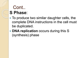Cont..
S Phase:
 To produce two similar daughter cells, the
complete DNA instructions in the cell must
be duplicated.
 DNA replication occurs during this S
(synthesis) phase
 