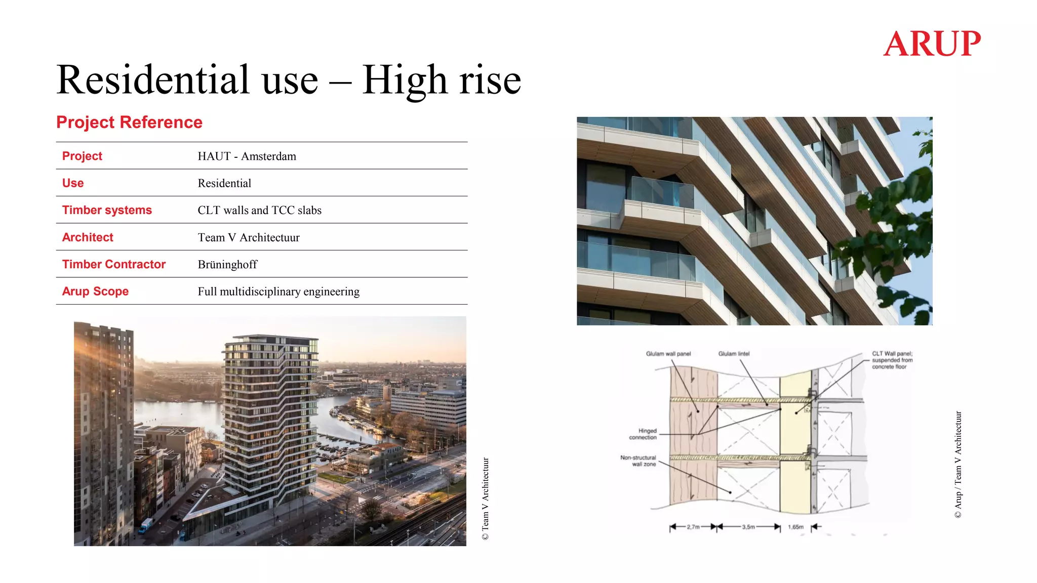 Residential use – High rise
Project Reference
©
Team
V
Architectuur
©
Arup
/
Team
V
Architectuur
Project HAUT - Amsterdam
Use Residential
Timber systems CLT walls and TCC slabs
Architect Team V Architectuur
Timber Contractor Brüninghoff
Arup Scope Full multidisciplinary engineering
 