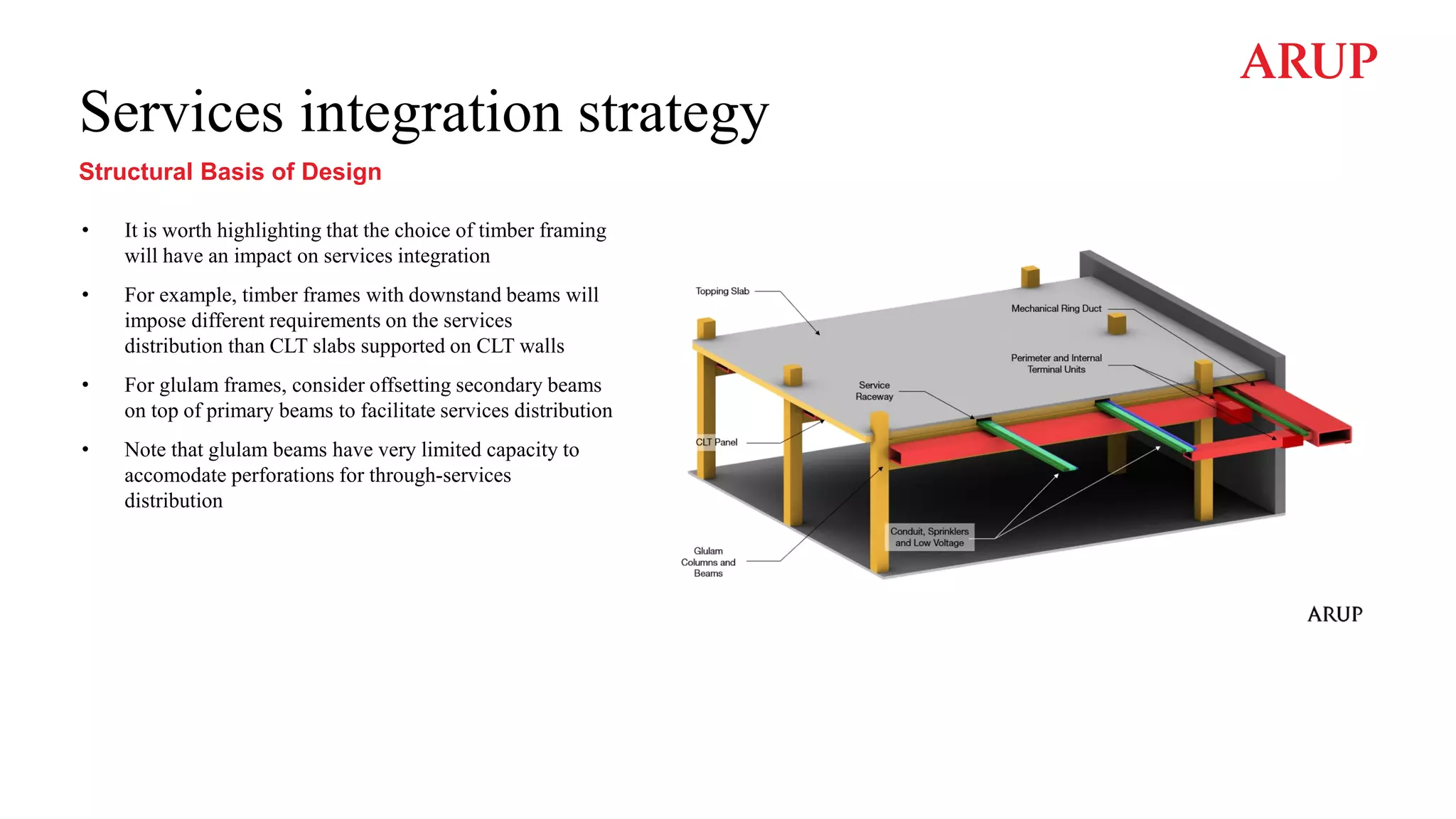 Services integration strategy
• It is worth highlighting that the choice of timber framing
will have an impact on services integration
• For example, timber frames with downstand beams will
impose different requirements on the services
distribution than CLT slabs supported on CLT walls
• For glulam frames, consider offsetting secondary beams
on top of primary beams to facilitate services distribution
• Note that glulam beams have very limited capacity to
accomodate perforations for through-services
distribution
Structural Basis of Design
 