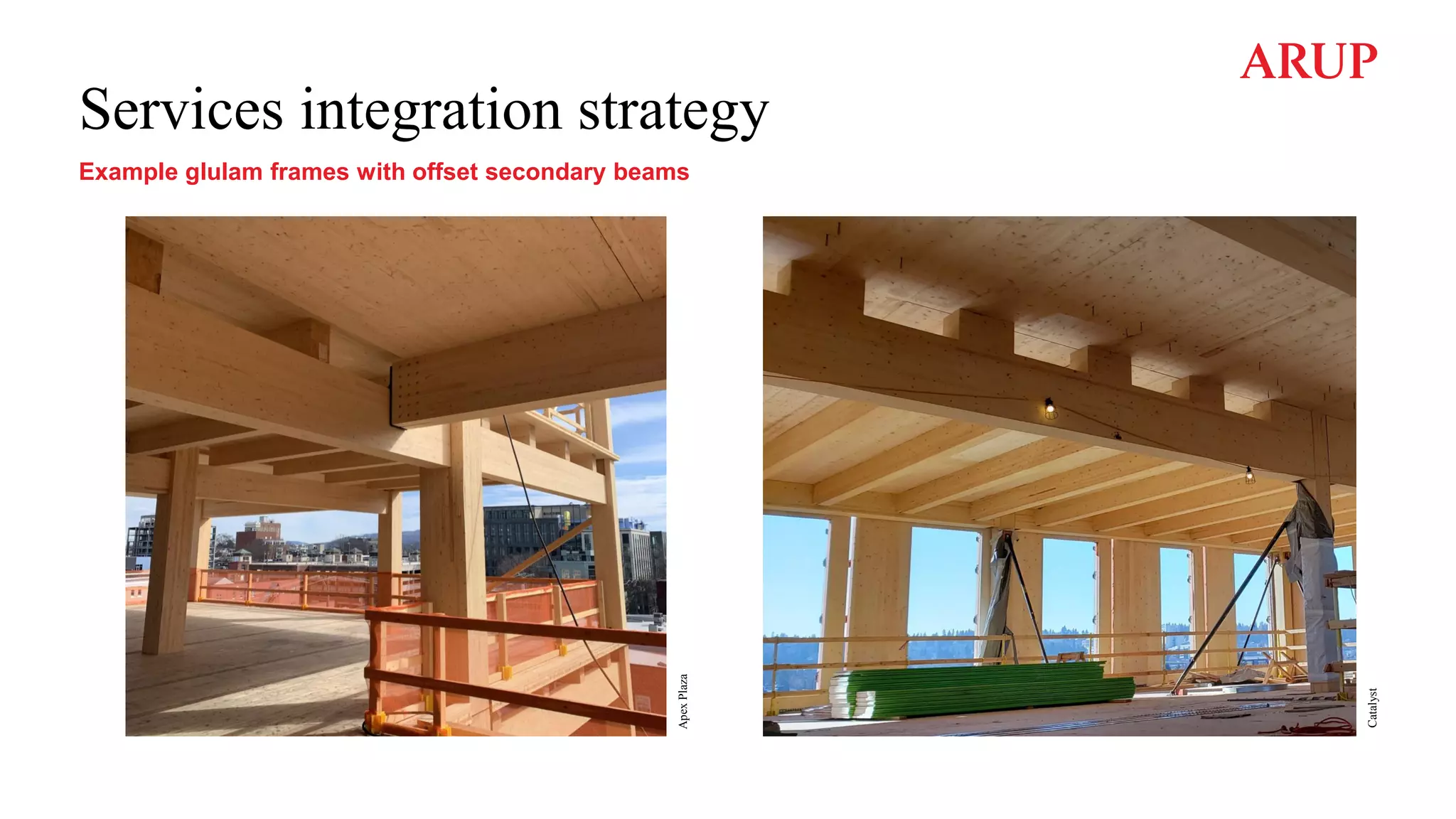 Services integration strategy
Example glulam frames with offset secondary beams
Apex
Plaza
Catalyst
 