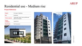 Residential use - Medium rise
Project Reference
©
Images
by
LignumTech
Project Via Agorá, Valdebebas
Use Residential
Timber systems
Lightweight Timber Frame prefabricated
panels for the façade.
Timber
contractor
LignumTech
Arup Scope Not Arup project
 