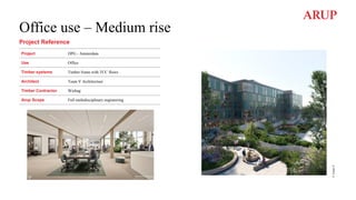 Office use – Medium rise
Project Reference
©
Team
V
Project DPG - Amsterdam
Use Office
Timber systems Timber frame with TCC floors
Architect Team V Architectuur
Timber Contractor Wiehag
Arup Scope Full multidisciplinary engineering
 