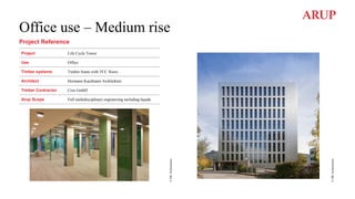 Office use – Medium rise
Project Reference
©
HK
Architeckten
©
HK
Architeckten
Project Life Cycle Tower
Use Office
Timber systems Timber frame with TCC floors
Architect Hermann Kaufmann Architekten
Timber Contractor Cree GmbH
Arup Scope Full multidisciplinary engineering including façade
 