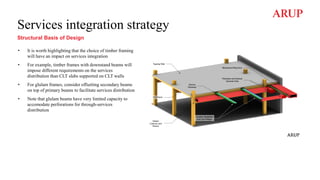 Services integration strategy
• It is worth highlighting that the choice of timber framing
will have an impact on services integration
• For example, timber frames with downstand beams will
impose different requirements on the services
distribution than CLT slabs supported on CLT walls
• For glulam frames, consider offsetting secondary beams
on top of primary beams to facilitate services distribution
• Note that glulam beams have very limited capacity to
accomodate perforations for through-services
distribution
Structural Basis of Design
 