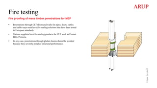 Fire testing
Fire proofing of mass timber penetrations for MEP
• Penetrations through CLT floors and walls for pipes, ducts, cables
and cable trays must have fire sealing solutions that have been tested
to European standards.
• Various suppliers have fire sealing products for CLT, such as Promat,
Hilti, Protecta.
• In any case, penetrations through glulam beams should be avoided
because they severely penalize structural performance.
©
Protecta
–
Fire
Collar
FR
 