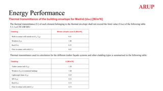 The thermal transmittance (U) of each element belonging to the thermal envelope shall not exceed the limit value (Ulim) of the following table
3.1.1.a-CTE DB HE1
Thermal transmittance used in calculation for the different timber façade systems and other cladding types is summarised in the following table:
Energy Performance
Thermal transmittance of the building envelope for Madrid (Ulim) [W/m2K]
Cladding Winter climatic zone D [W/m2K]
Walls in contact with outside air (US, UM) 0.41
Windows (UH) 1.80
Roof (Us) 0.35
Floor in contact with soild (UT) 0.65
Cladding U [W/m2K]
Timber curtain wall (UM) 1.20
Windows (UH) in residential buldings 1.60
Ligthweigth frame (UM) 0.25
SIP (UM) 0.32
Roof (US) 0.15
Floor in contact with soild (UT) 0.15
 