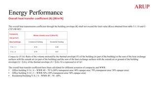 Energy Performance
Overall heat transfer coefficient (K) [W/m2K]
Compacity
V/A [m3/m2]
New buildings
Winter climatic zone D [W/m2K]
Commercial building Residential building
V/A ≤ 1 0.54 0.48
V/A ≥ 4 0.70 0.67
The overall heat transmission coefficient through the building envelope (K) shall not exceed the limit value (Klim) obtained from table 3.1.1.b and C-
CTE DB HE1:
Compacity (V/A): Ratio of the volume enclosed by the thermal envelope (V) of the building (or part of the building) to the sum of the heat exchange
surfaces with the outside air (or part of the building) and the sum of the heat exchange surfaces with the outside air or ground of the building
envelope (A = ΣAi), of the thermal envelope (A = ΣAi). It is expressed in m³/m².
The overall heat transfer coefficient have been calculated for different scenarios of compacity and WWR:
• Office building V/A ≥ 4 – WWR 60 – 70 % (60% transparent area/ 40% opaque area; 70% transparent area/ 30% opaque area)
• Office building V/A ≤ 1 – WWR 50% (50% transparent area/ 50% opaque area)
• Residential building V/A ≥ 4 – WWR 40 – 50 - 60%
 