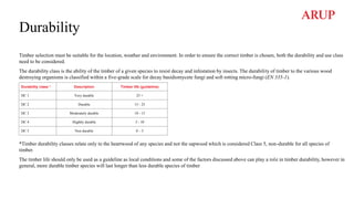 Durability
Timber selection must be suitable for the location, weather and environment. In order to ensure the correct timber is chosen, both the durability and use class
need to be considered.
The durability class is the ability of the timber of a given species to resist decay and infestation by insects. The durability of timber to the various wood
destroying organisms is classified within a five-grade scale for decay basidiomycete fungi and soft rotting micro-fungi (EN 335-1).
*Timber durability classes relate only to the heartwood of any species and not the sapwood which is considered Class 5, non-durable for all species of
timber.
The timber life should only be used as a guideline as local conditions and some of the factors discussed above can play a role in timber durability, however in
general, more durable timber species will last longer than less durable species of timber
Durability class * Description Timber life (guideline)
DC 1 Very durable 25 +
DC 2 Durable 15 - 25
DC 3 Moderately durable 10 - 15
DC 4 Slightly durable 5 - 10
DC 5 Non durable 0 – 5
 