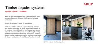 Timber façades systems
Opaque façade – CLT Walls
When the main structure uses Cross Laminated Timber Walls
as structural elements, these can also be adopted as façade
substructure.
Refer to the Structural Chapter for more details.
It is to be noted that within the scope of this study, it has not
been possible to discount the façade proportion accounted for
the buildings where CLT walls are used and may also be used
as façade enclosures. Therefore there may be a slight overlap
in timber estimates due to this reason, however, it is estimated
that this overlap would represent a very small percentage since
the façade contribution to the total demand is relatively small.
CLT Walls for façade - The Ridge, Cape Town
©
Arup
 