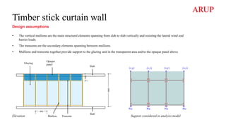 Timber stick curtain wall
Design assumptions
• The vertical mullions are the main structural elements spanning from slab to slab vertically and resisting the lateral wind and
barrier loads.
• The transoms are the secondary elements spanning between mullions.
• Mullions and transoms together provide support to the glazing unit in the transparent area and to the opaque panel above.
Elevation Support considered in analysis model
 