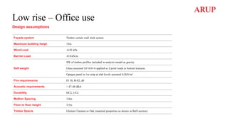 Low rise – Office use
Design assumptions
Façade system Timber curtain wall stick system
Maximum building heigh 15m
Wind Load -0.95 kPa
Barrier Load -0.8 kN/m
Self weight
SW of timber profiles included in analysis model as gravity
Glass assumed 10/16/6+6 applied as 2 point loads at bottom transom.
Opaque panel in 1m strip at slab levels assumed 0,5kN/m²
Fire requirements EI 30, B-S2, d0
Acoustic requirements < 47-48 dBA
Durability DC2, UC2
Mullion Spacing 1.8m
Floor to floor height 3.5m
Timber Specie Glulam Chestnut or Oak (material properties as shown in BoD section)
 