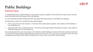 Public Buildings
Preliminary sizing
As explained previously, for public buildings it is assumed that a portion of façades will be resolved with a timber curtain wall stick
system and another portion with opaque system with openings.
It is worth noting that for public buildings the MNN massing provided only includes Low and Medium rise categories.
The following two systems are considered for these public buildings:
• Curtain wall stick system made of glulam – for the areas where a glass façade is required - same solution as office building for
Low and Medium rise.
• Lightweight timber frame prefabricated panels – for the areas where opaque façade with openings is required - same solution as
residential buildings for Low and Medium rise.
The results presented in the next section assume a 25% of façade of public building to be resolved with curtain wall stick system and
75% resolved with opaque façade of lightweight timber frame system. However, in the Arup inForm user interface, there is the option
of changing this percentage and allowing for a larger portion of curtain wall to be provided to public buildings.
 