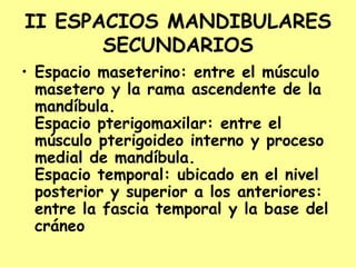 II ESPACIOS MANDIBULARES
SECUNDARIOS
• Espacio maseterino: entre el músculo
masetero y la rama ascendente de la
mandíbula.
Espacio pterigomaxilar: entre el
músculo pterigoideo interno y proceso
medial de mandíbula.
Espacio temporal: ubicado en el nivel
posterior y superior a los anteriores:
entre la fascia temporal y la base del
cráneo
 