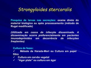 Strongyloides stercoralis
Pesquisa de larvas nas secreções: exame direto do
material biológico ou após processamento (método de
Rugai modificado)
(Utilizado em casos de infecção disseminada. A
disseminação ocorre preferencialmente em pacientes
imunodeprimidos em decorrência de infecções
freqüentes)
Cultura de fezes:
 Método de Harada-Mori ou Cultura em papel
filtro
 Cultura em carvão vegetal
 “Agar plate” ou cultura em ágar
 