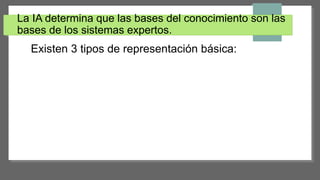 La IA determina que las bases del conocimiento son las
bases de los sistemas expertos.
Existen 3 tipos de representación básica:
 