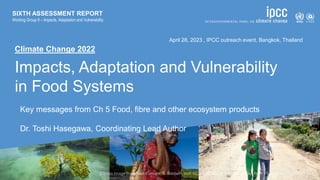 Climate Change 2022
Impacts, Adaptation and Vulnerability
in Food Systems
SIXTH ASSESSMENT REPORT
Working Group II – Impacts, Adaptation and Vulnerability
April 28, 2023 , IPCC outreach event, Bangkok, Thailand
Key messages from Ch 5 Food, fibre and other ecosystem products
Dr. Toshi Hasegawa, Coordinating Lead Author
 