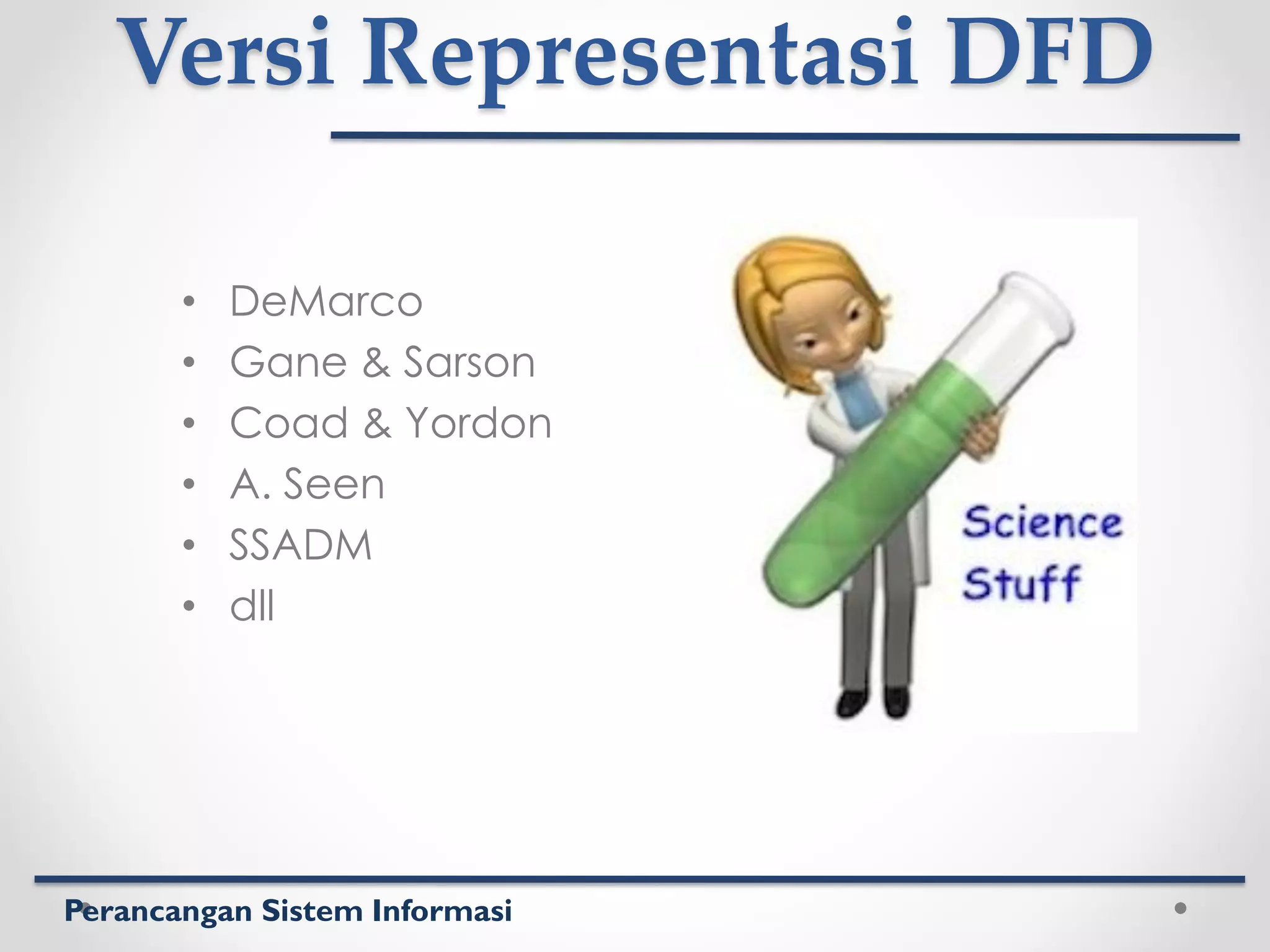 Perancangan Sistem Informasi
Versi Representasi DFD
• DeMarco
• Gane & Sarson
• Coad & Yordon
• A. Seen
• SSADM
• dll
 