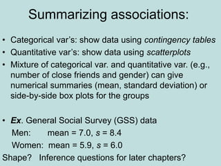 Summarizing associations:
• Categorical var’s: show data using contingency tables
• Quantitative var’s: show data using scatterplots
• Mixture of categorical var. and quantitative var. (e.g.,
number of close friends and gender) can give
numerical summaries (mean, standard deviation) or
side-by-side box plots for the groups
• Ex. General Social Survey (GSS) data
Men: mean = 7.0, s = 8.4
Women: mean = 5.9, s = 6.0
Shape? Inference questions for later chapters?
 