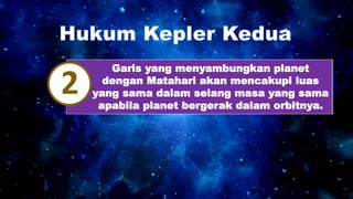 Garis yang menyambungkan planet
dengan Matahari akan mencakupi luas
yang sama dalam selang masa yang sama
apabila planet bergerak dalam orbitnya.
2
 