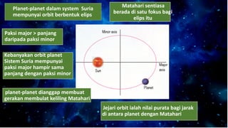 Planet-planet dalam system Suria
mempunyai orbit berbentuk elips
Matahari sentiasa
berada di satu fokus bagi
elips itu
Paksi major > panjang
daripada paksi minor
Kebanyakan orbit planet
Sistem Suria mempunyai
paksi major hampir sama
panjang dengan paksi minor
planet-planet dianggap membuat
gerakan membulat keliling Matahari
Jejari orbit ialah nilai purata bagi jarak
di antara planet dengan Matahari
 